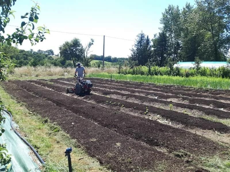 Charrue rotative en action pour la préparation des planches