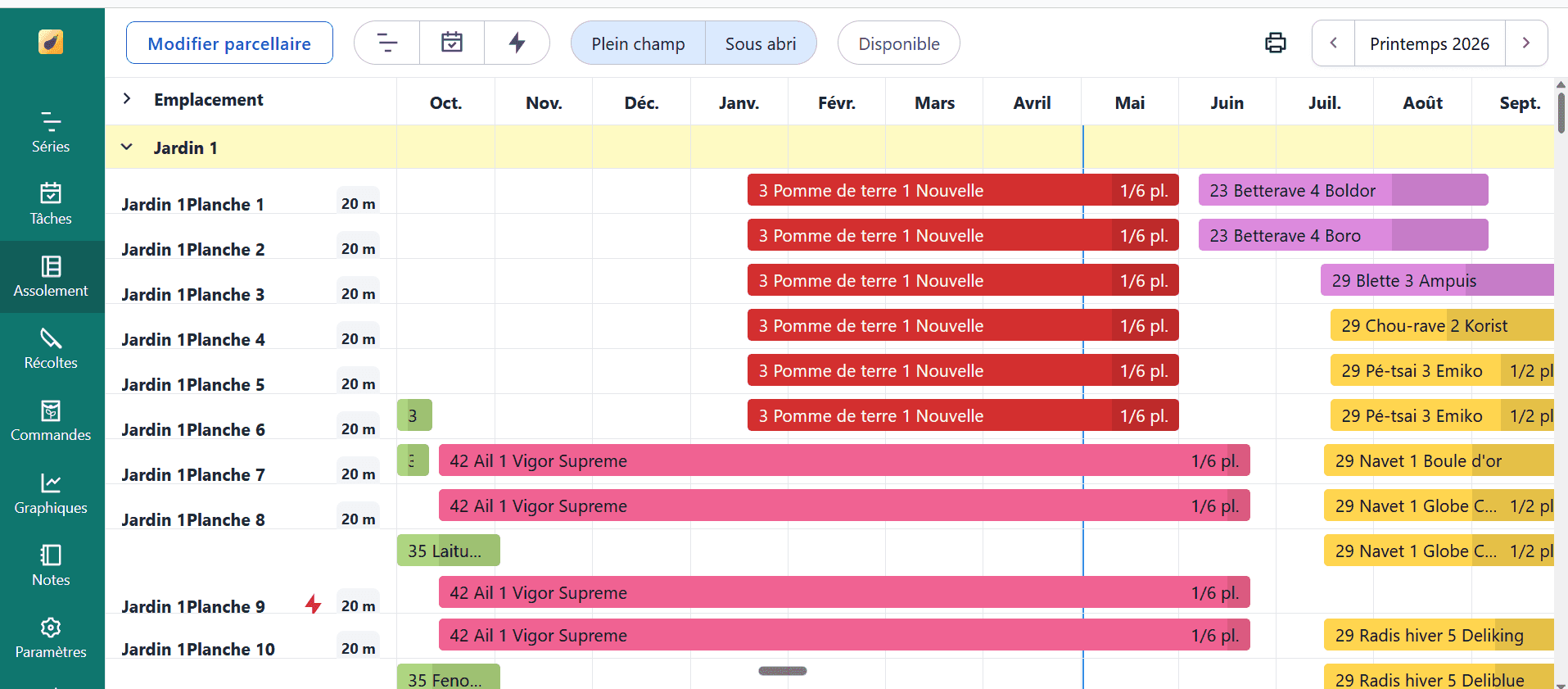 Brinjel market-garden planning software screenshot: crop catalogue and season planner